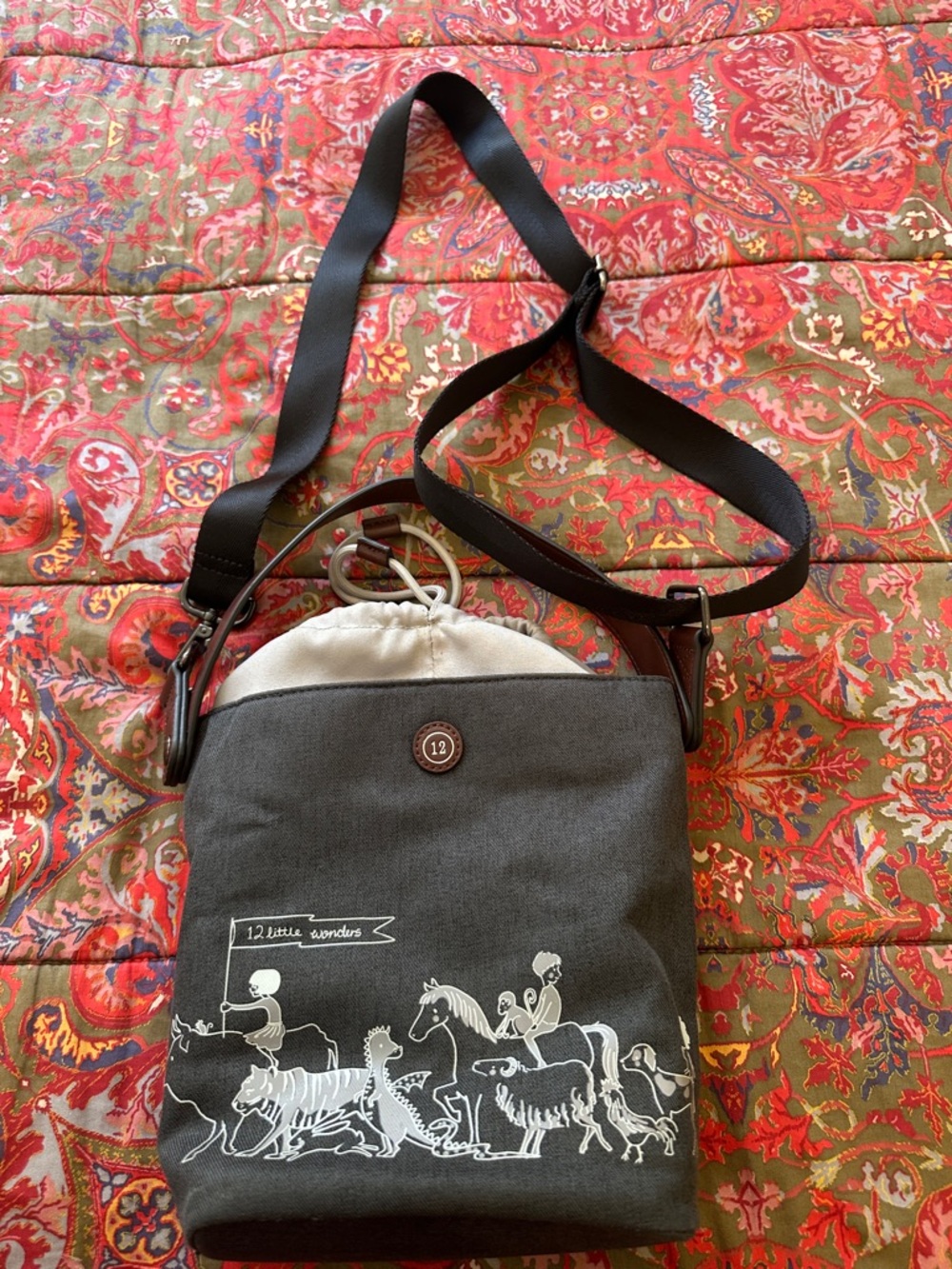 12 Little Wonders Sara Jane Sweet Parade Gray Canvas Bottle Bag W Drawstring